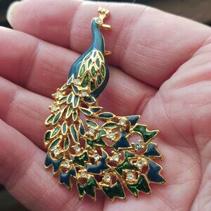 Peacock Brooch. Enameled with rhinestones